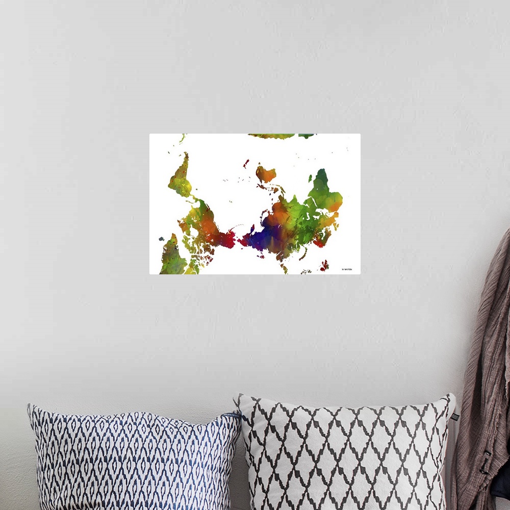 A bohemian room featuring Contemporary colorful watercolor world map.
