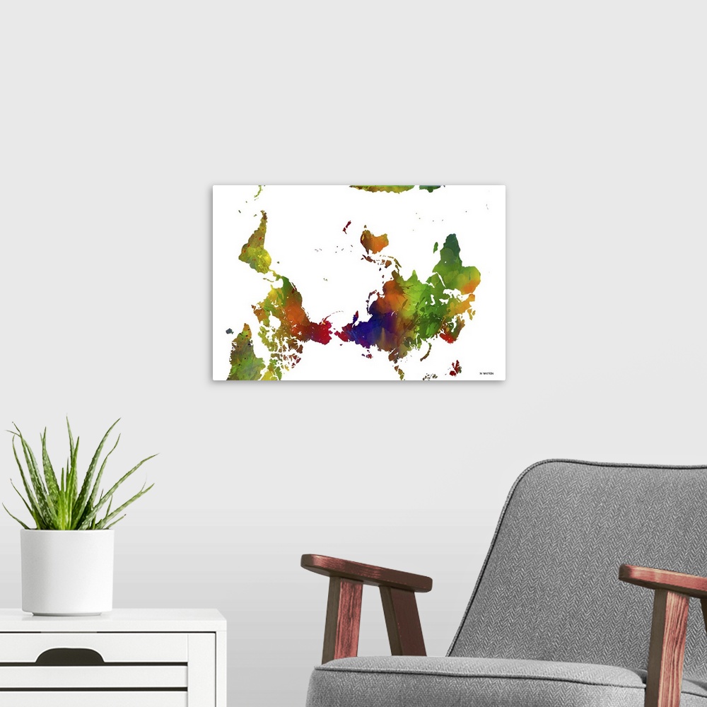 A modern room featuring Contemporary colorful watercolor world map.