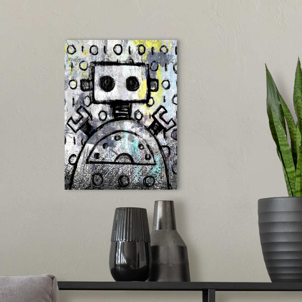 A modern room featuring Cute painting of a robot made of simple lines and shapes.
