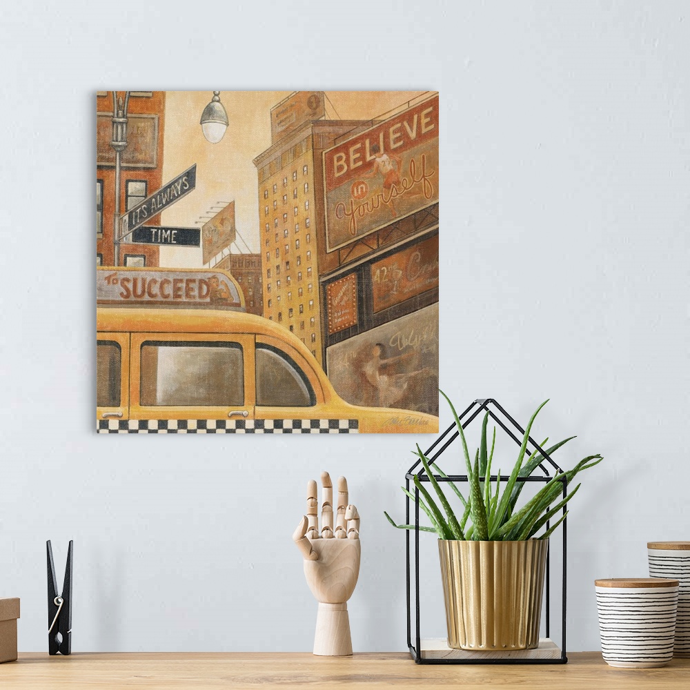 A bohemian room featuring inspirational, cityscape, vintage, taxi, street signs