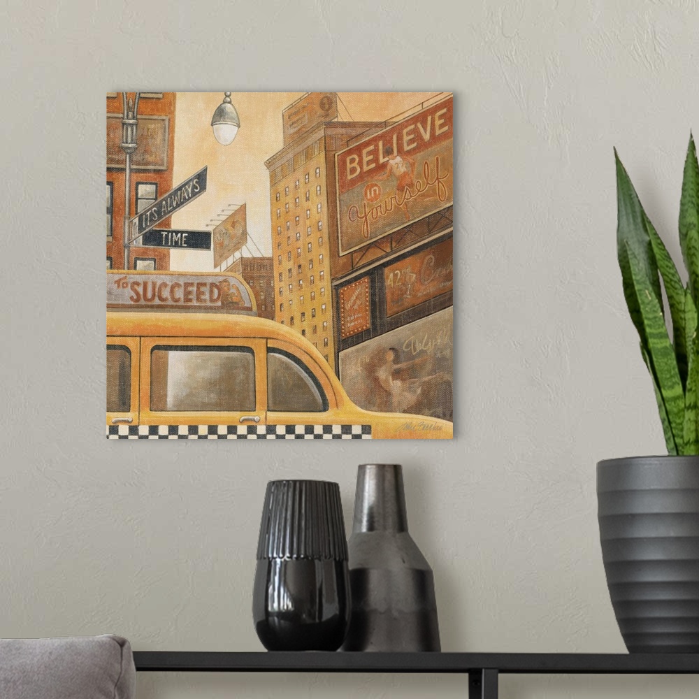 A modern room featuring inspirational, cityscape, vintage, taxi, street signs