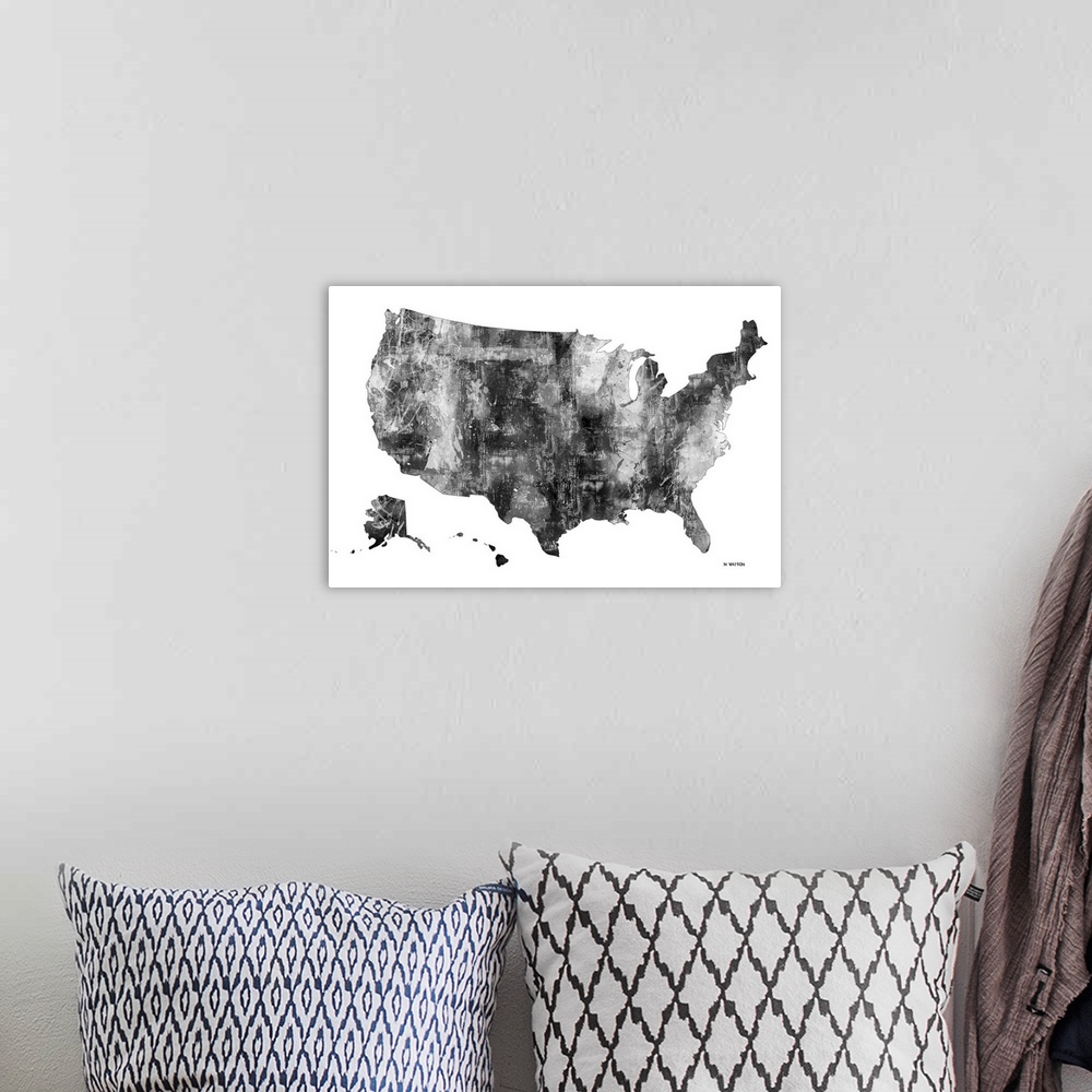 A bohemian room featuring Contemporary black and white watercolor art map of the USA.