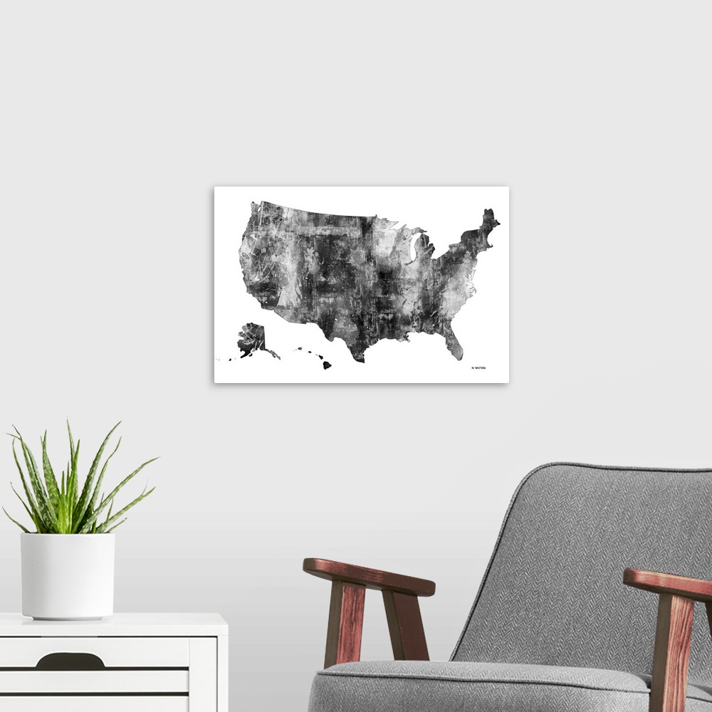 A modern room featuring Contemporary black and white watercolor art map of the USA.