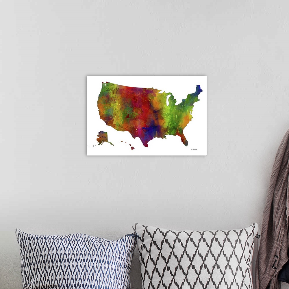 A bohemian room featuring Contemporary colorful watercolor art map of the USA.