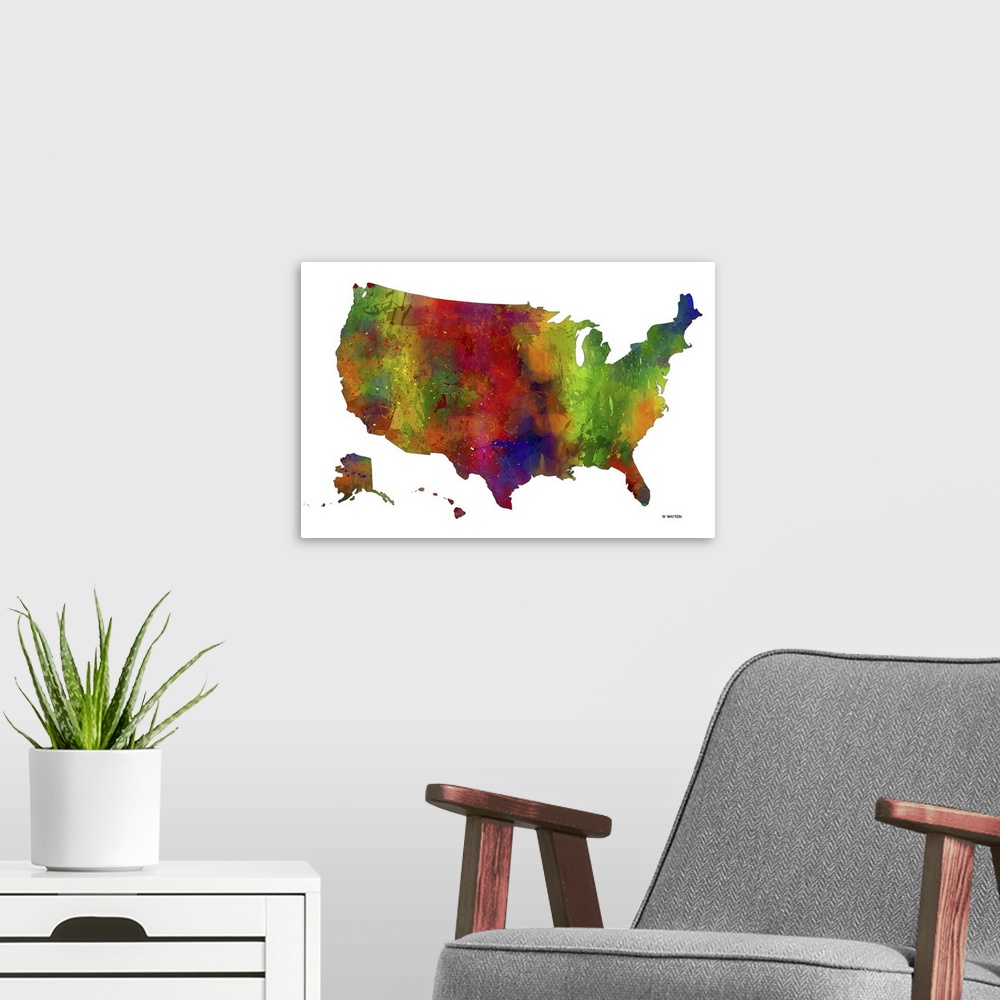 A modern room featuring Contemporary colorful watercolor art map of the USA.