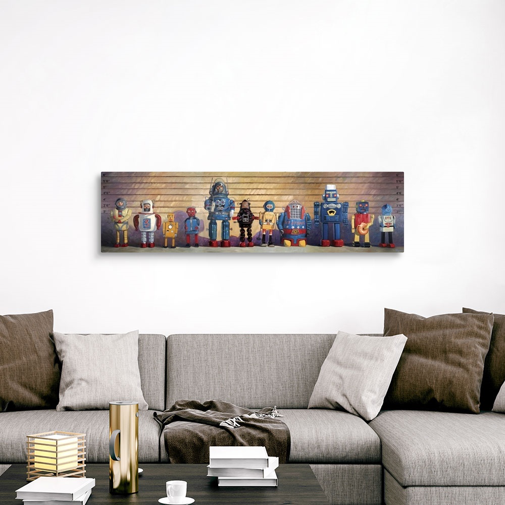 A traditional room featuring A contemporary painting of a police line-up of retro toy robots some of which eating donuts.
