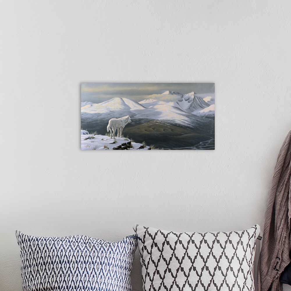 A bohemian room featuring Arctic wolf standing on a cliff looking out over a snowy mountain valley.