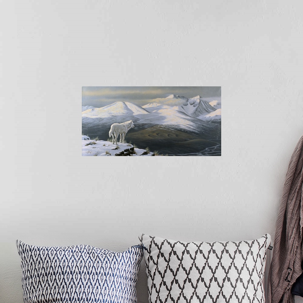 A bohemian room featuring Arctic wolf standing on a cliff looking out over a snowy mountain valley.