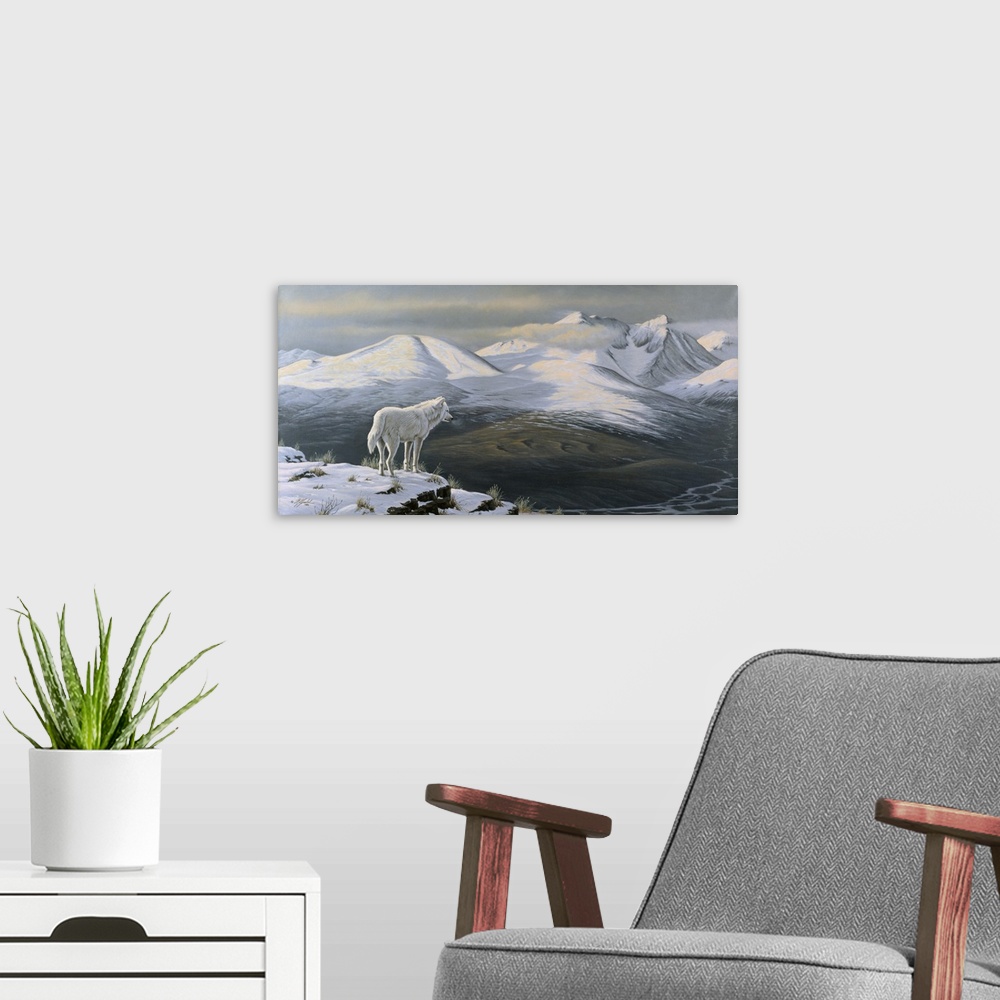 A modern room featuring Arctic wolf standing on a cliff looking out over a snowy mountain valley.