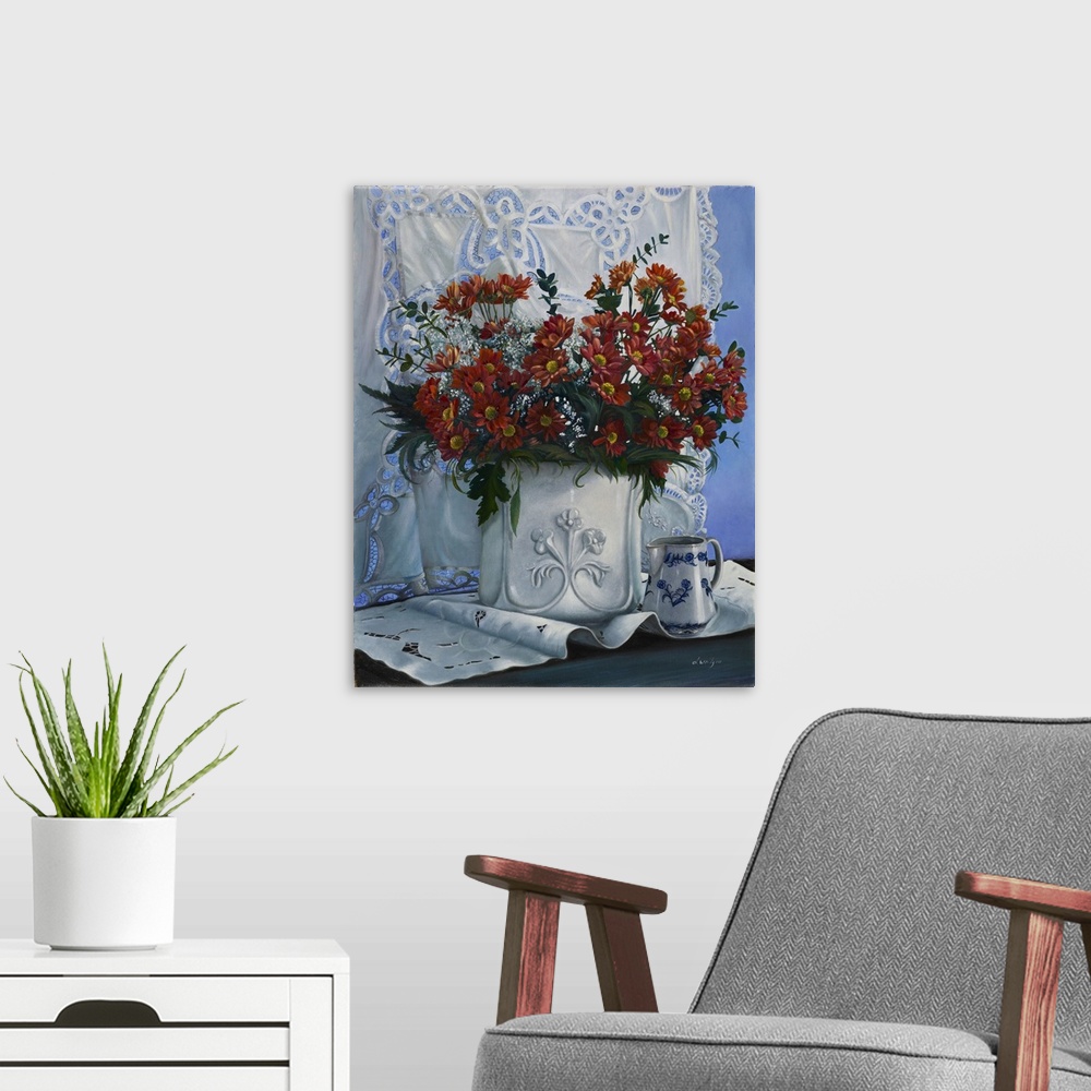 A modern room featuring Contemporary still life painting of an elegant vase of red flowers.