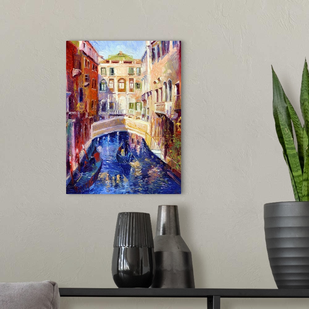 A modern room featuring A canal in Venice with gondolas on it and houses on either side.