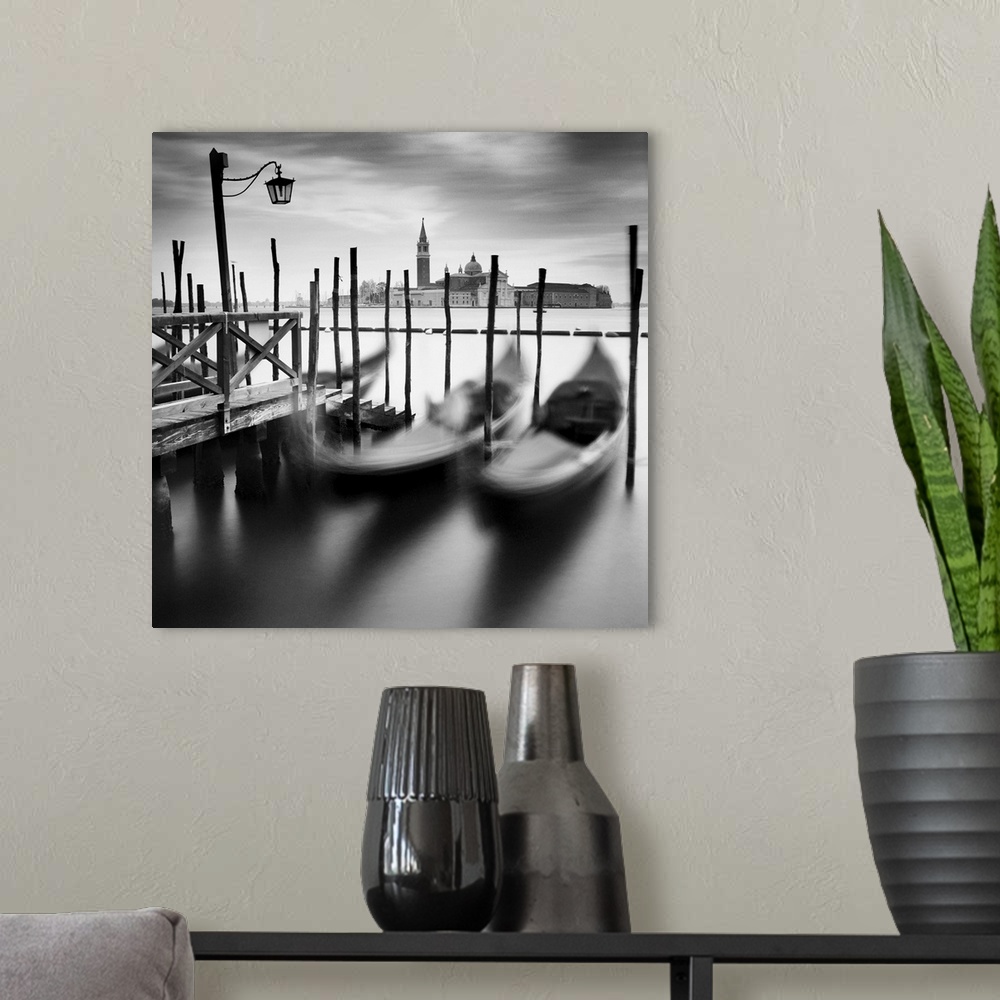 A modern room featuring Venice Gondolas, black and white photography