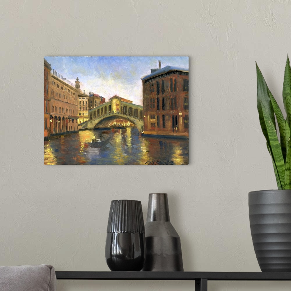 A modern room featuring Contemporary painting of a scenic view of a town in Venice.