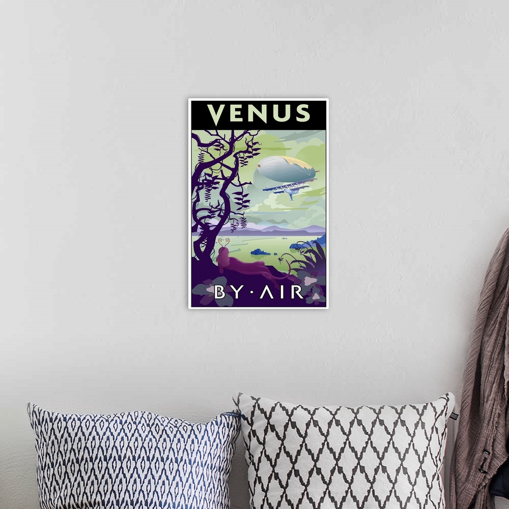 A bohemian room featuring Retro minimalist space travel poster.