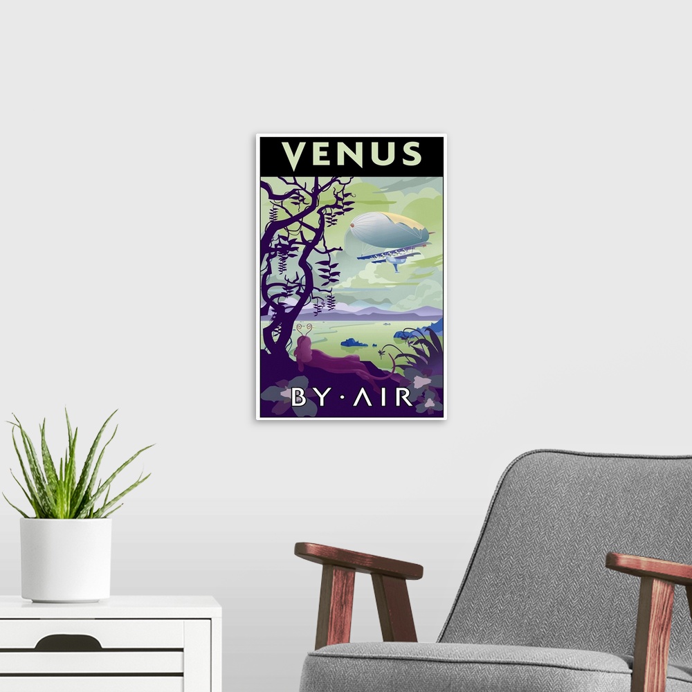 A modern room featuring Retro minimalist space travel poster.