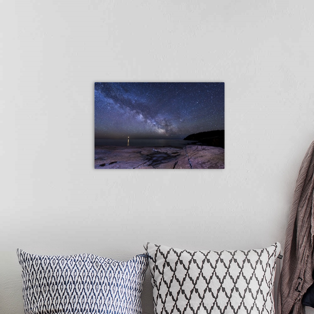A bohemian room featuring Nighttime photograph of a starscape highlighting Venus over Acadia National Park, Maine.