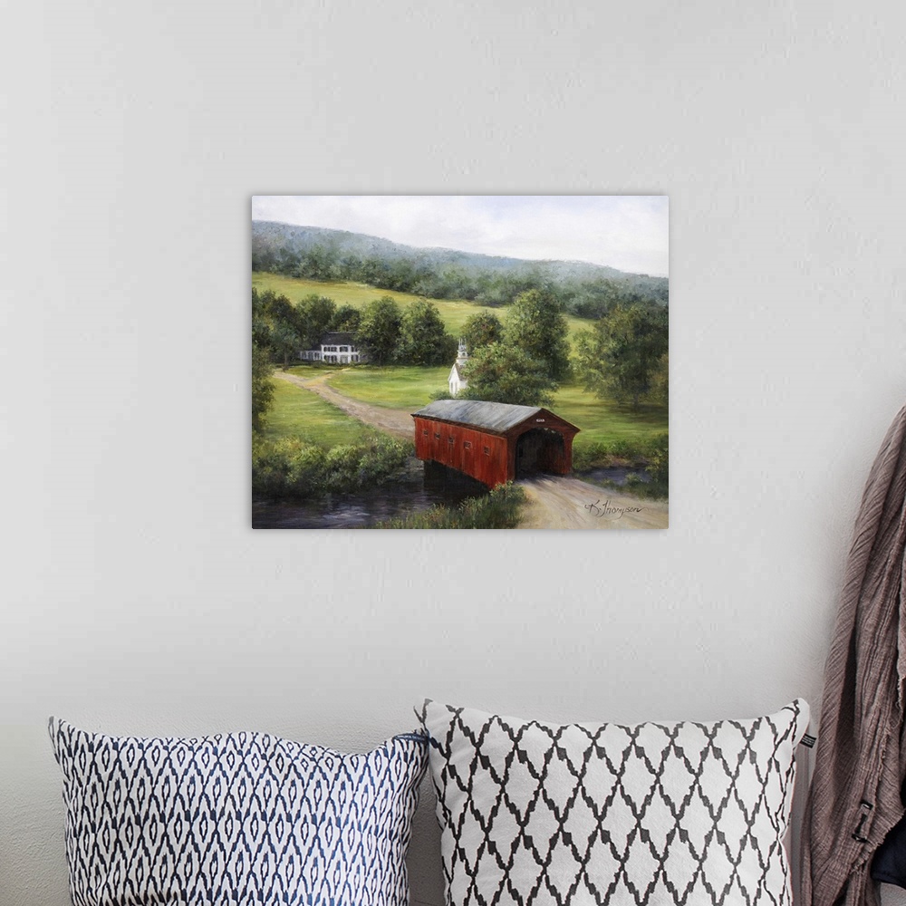 A bohemian room featuring Contemporary colorful painting of an idyllic countryside scene.