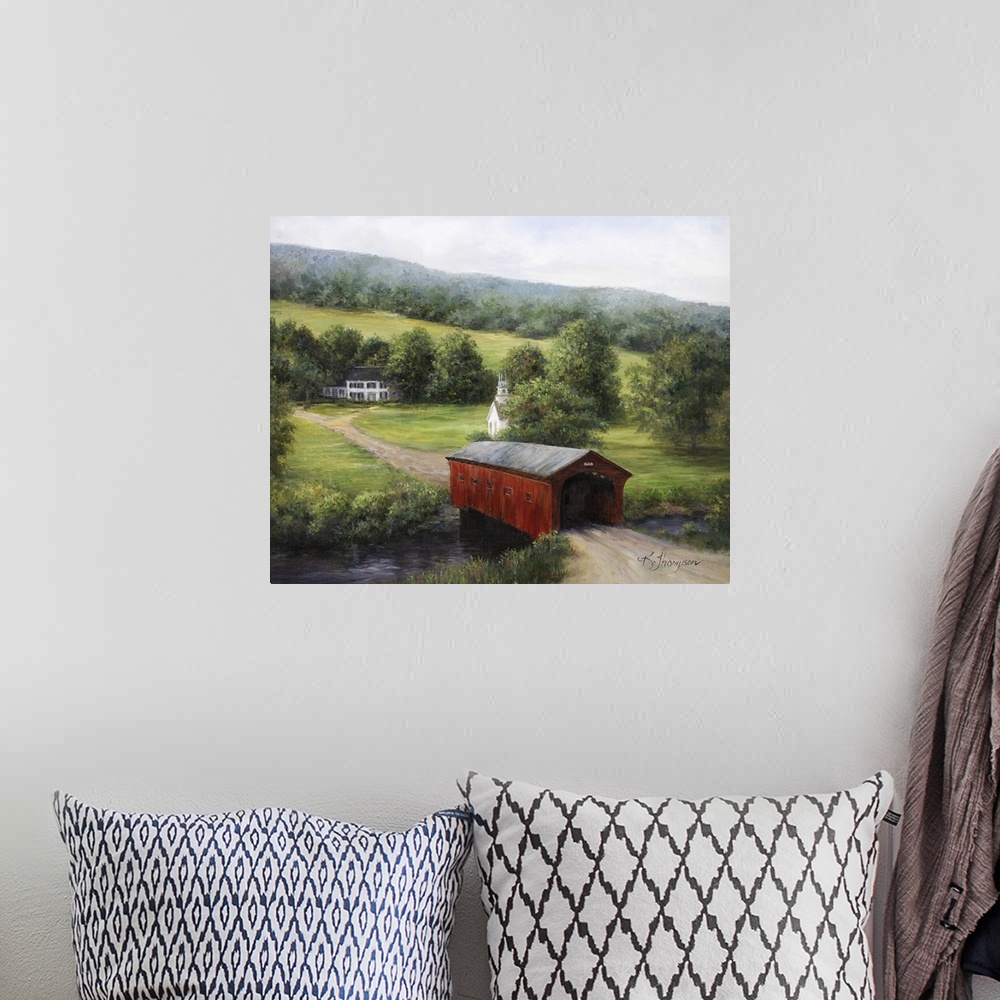 A bohemian room featuring Contemporary colorful painting of an idyllic countryside scene.