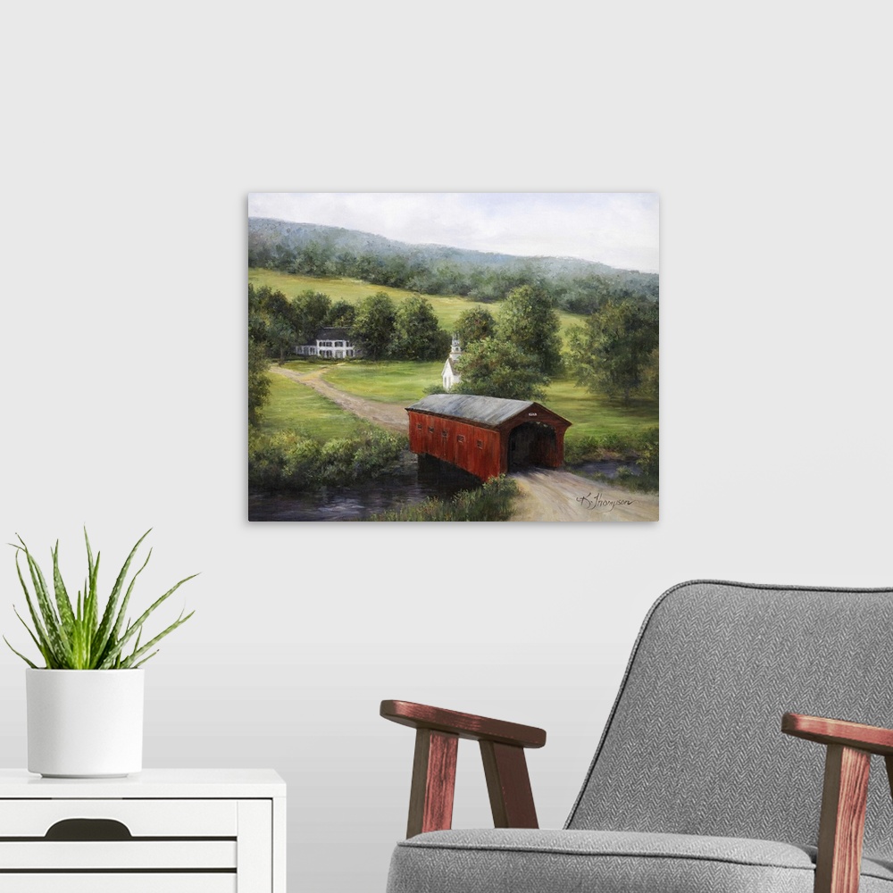 A modern room featuring Contemporary colorful painting of an idyllic countryside scene.
