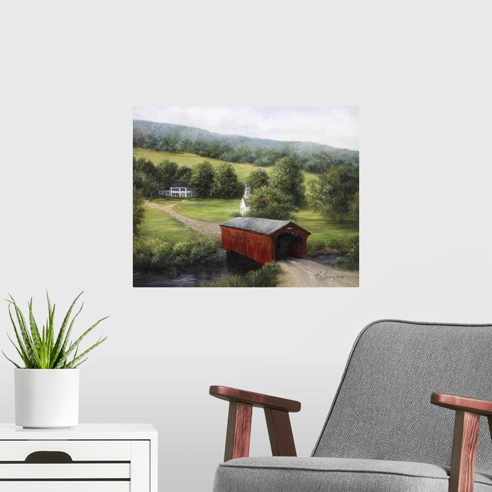 A modern room featuring Contemporary colorful painting of an idyllic countryside scene.