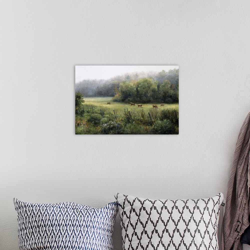 A bohemian room featuring Contemporary painting of an idyllic countryside scene, cows in a pasture.