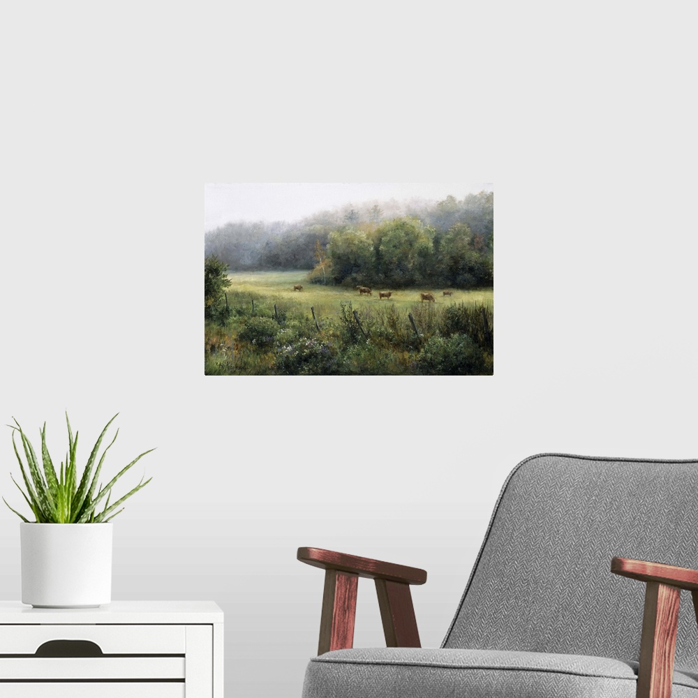 A modern room featuring Contemporary painting of an idyllic countryside scene, cows in a pasture.