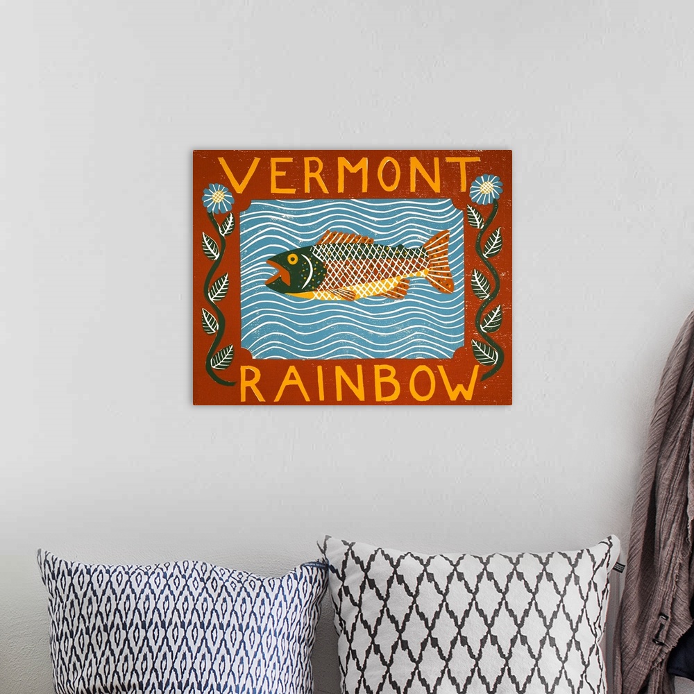 A bohemian room featuring Illustration of a rainbow trout in the water framed with a floral frame with the words "Vermont R...