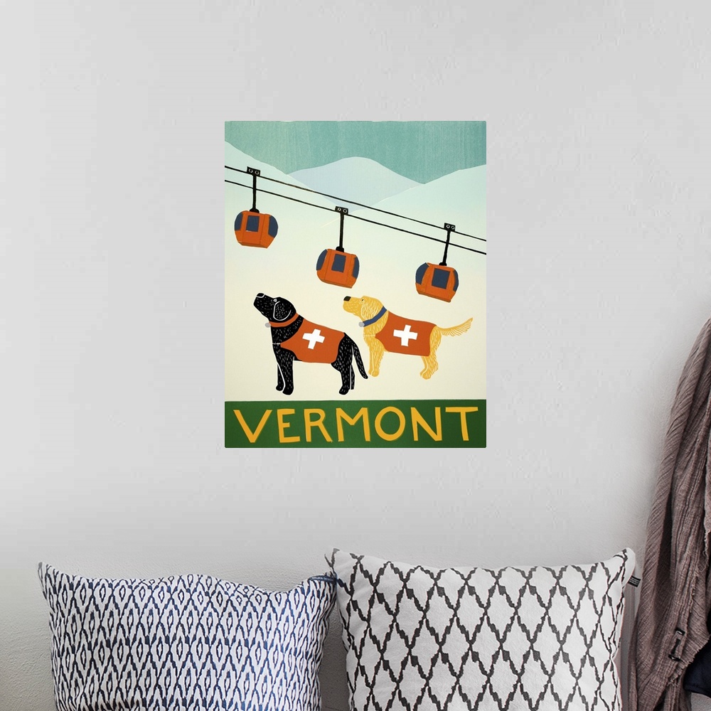 A bohemian room featuring Illustration of a black and yellow lab dressed as ski patrol looking up the slopes with a ski lif...