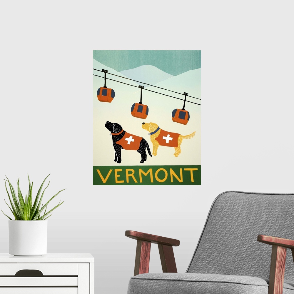 A modern room featuring Illustration of a black and yellow lab dressed as ski patrol looking up the slopes with a ski lif...