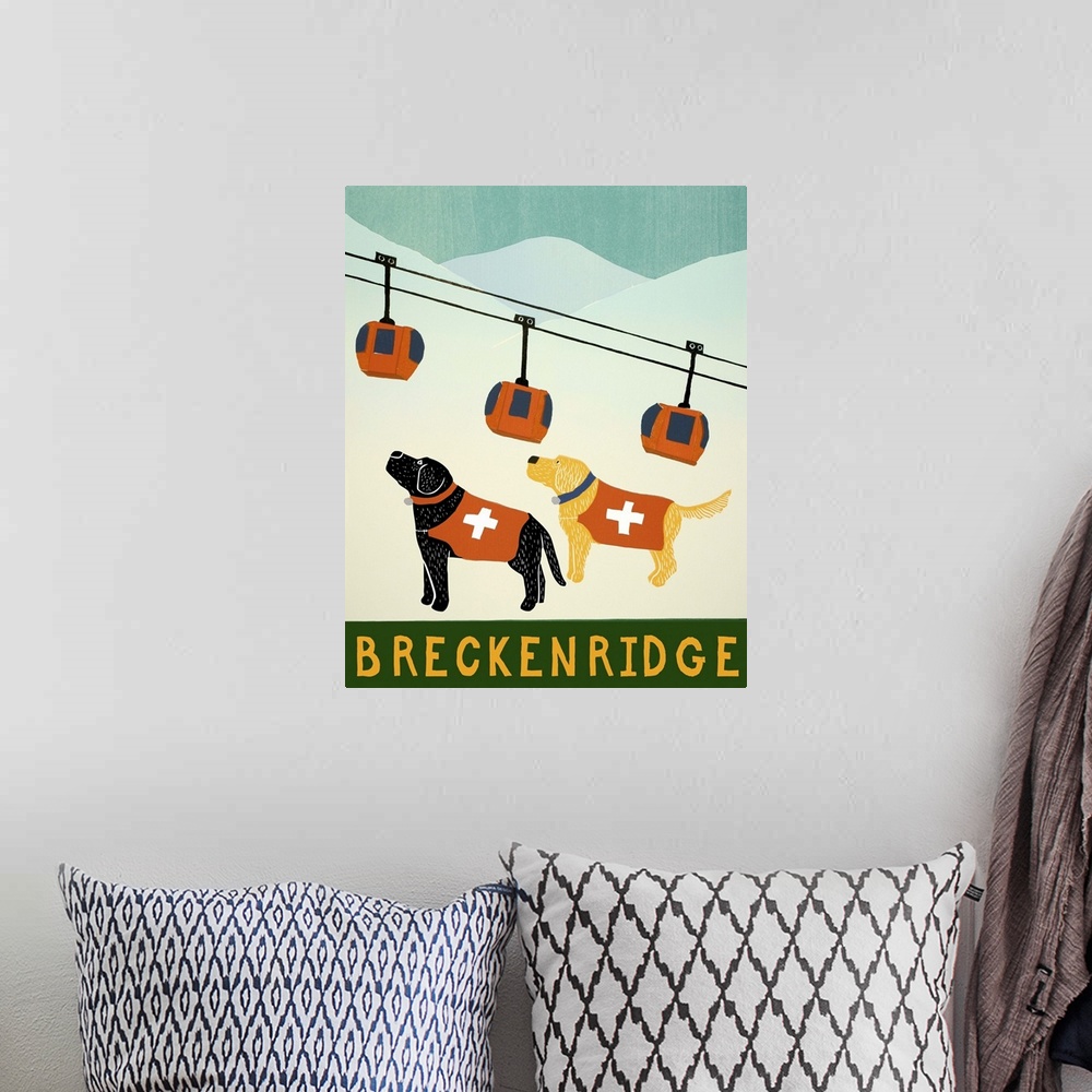 A bohemian room featuring Illustration of a black and yellow lab dressed as ski patrol looking up the slopes with a ski lif...