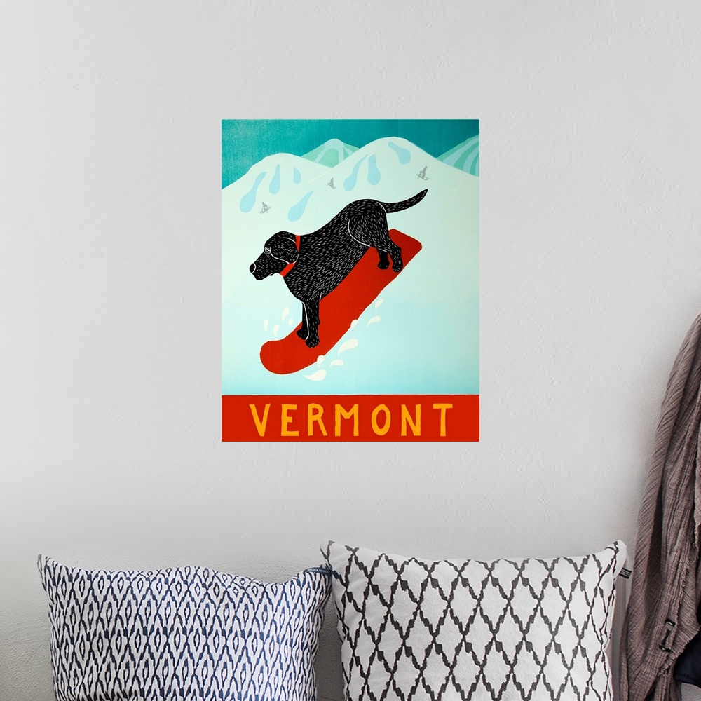 A bohemian room featuring Illustration of a black lab going down the slopes in Vermont on a red snowboard.
