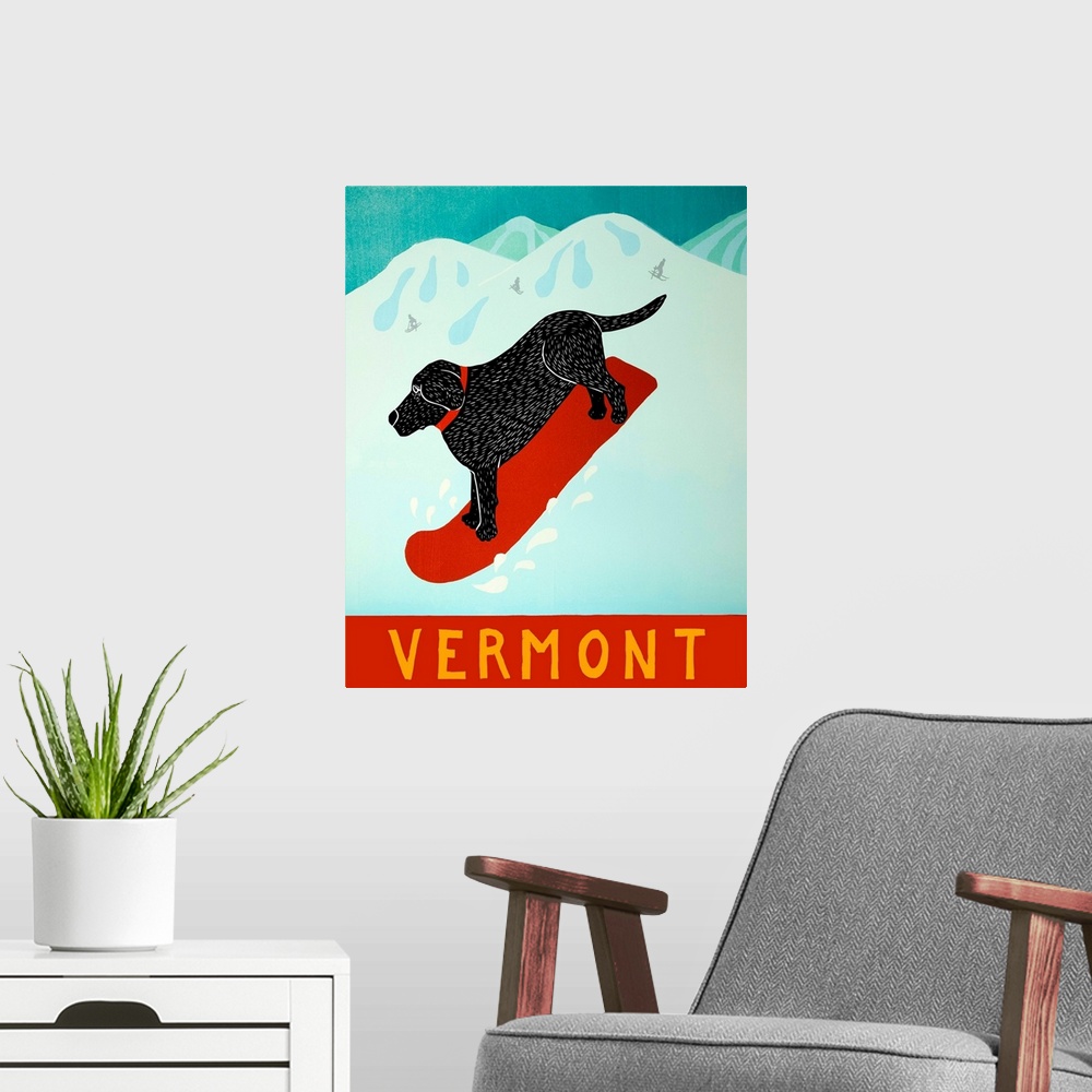 A modern room featuring Illustration of a black lab going down the slopes in Vermont on a red snowboard.