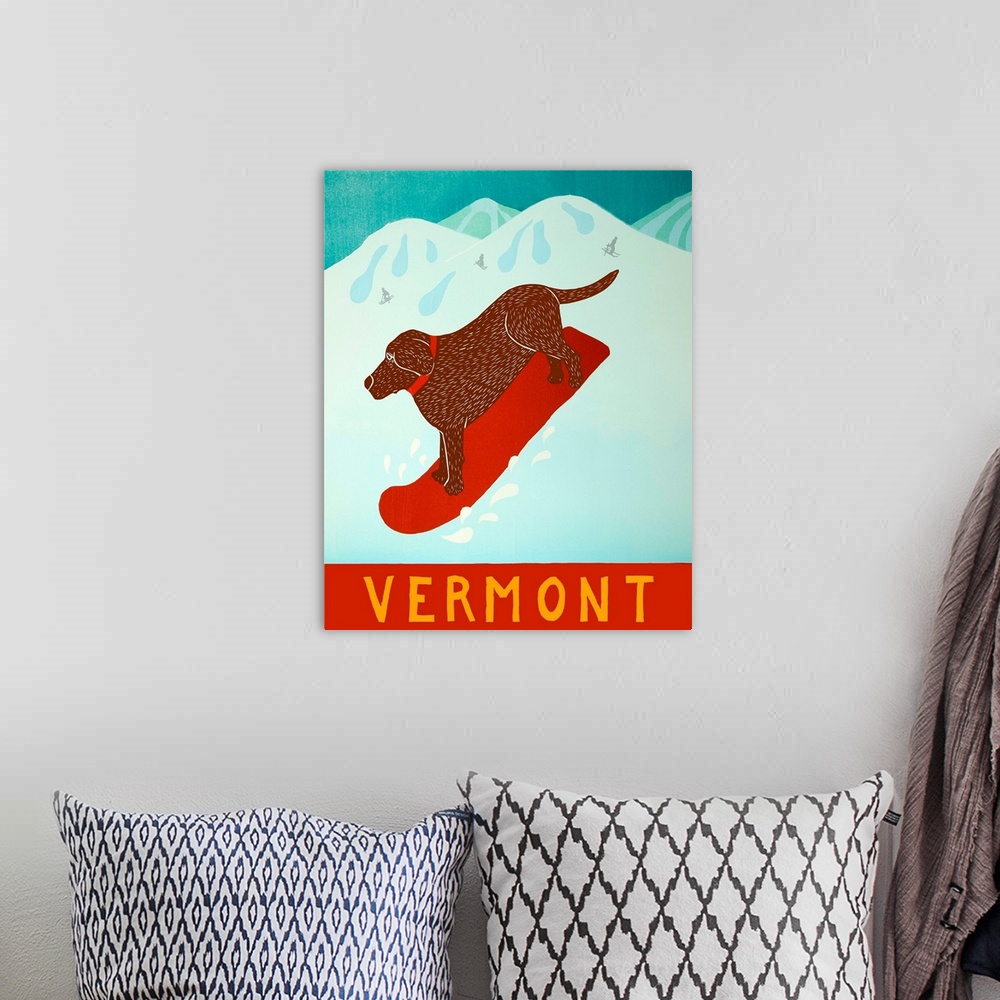 A bohemian room featuring Illustration of a chocolate lab going down the slopes in Vermont on a red snowboard.
