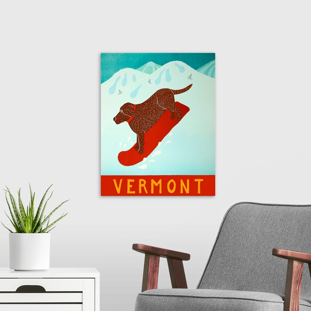 A modern room featuring Illustration of a chocolate lab going down the slopes in Vermont on a red snowboard.
