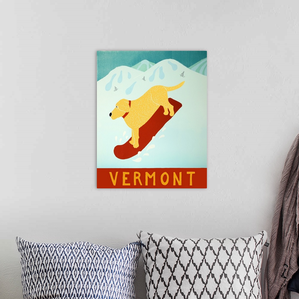 A bohemian room featuring Illustration of a yellow lab going down the slopes in Vermont on a red snowboard.