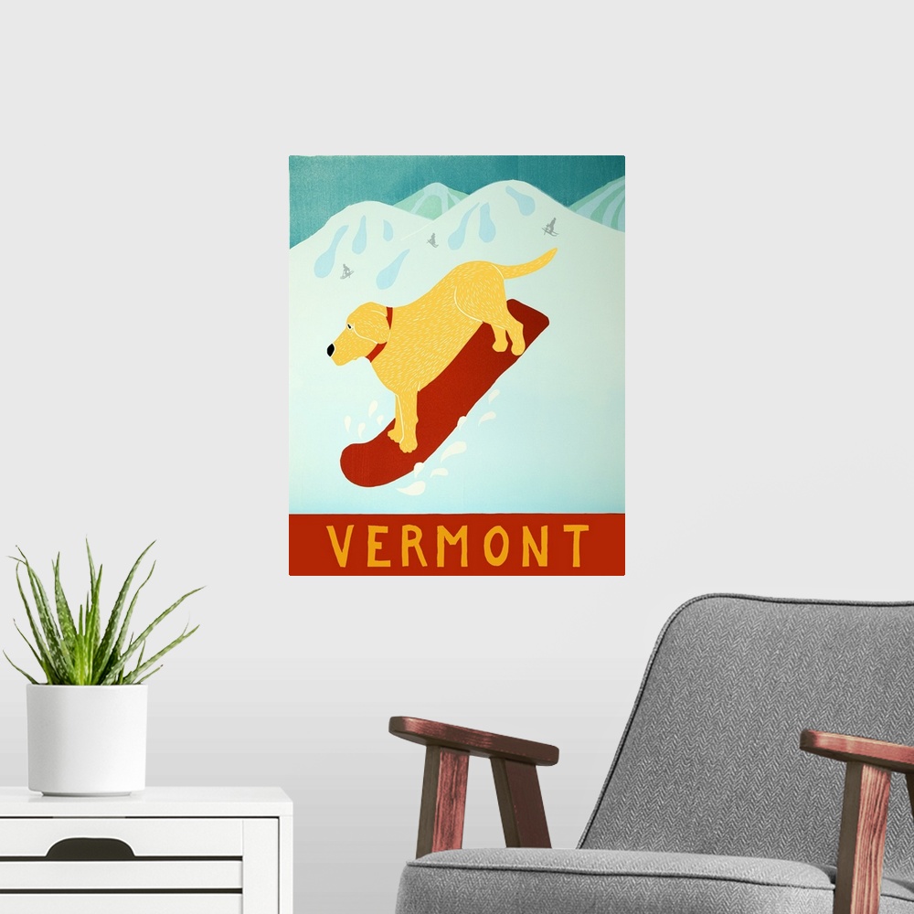 A modern room featuring Illustration of a yellow lab going down the slopes in Vermont on a red snowboard.