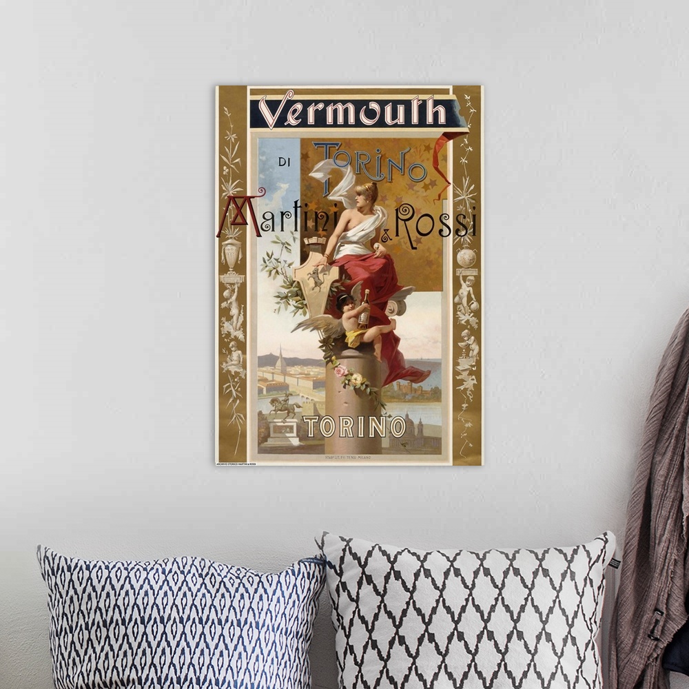 A bohemian room featuring Vermouth, Torino - Vintage Wine Advertisement