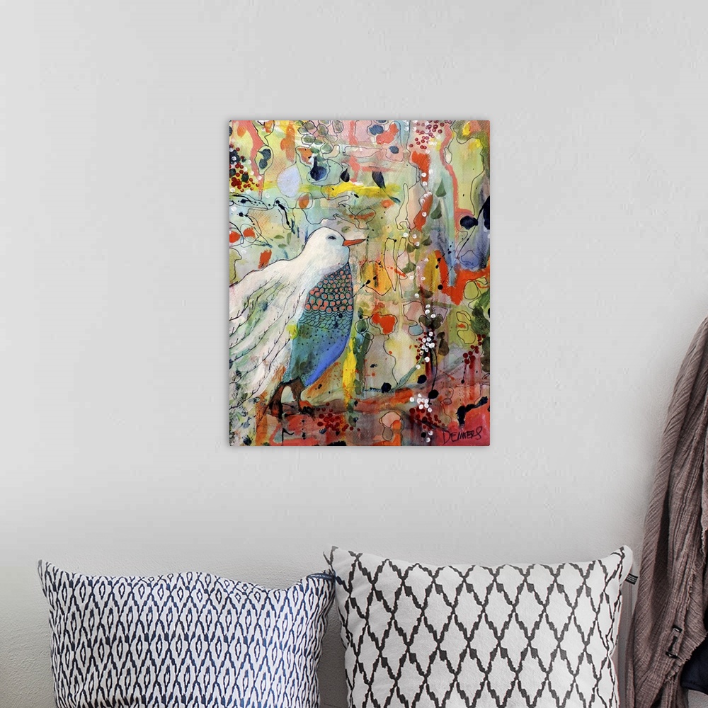 A bohemian room featuring Colorful contemporary watercolor painting of a bird perched on a branch against a colorful backgr...