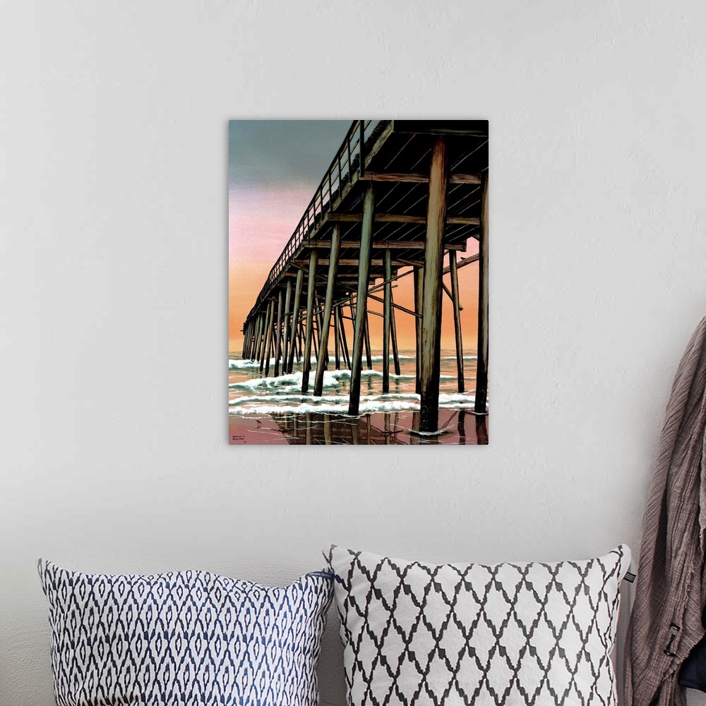A bohemian room featuring Photograph of a tall pier jetting out over the ocean from the beach.