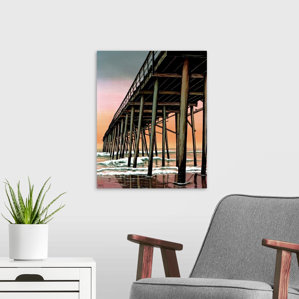 A modern room featuring Photograph of a tall pier jetting out over the ocean from the beach.