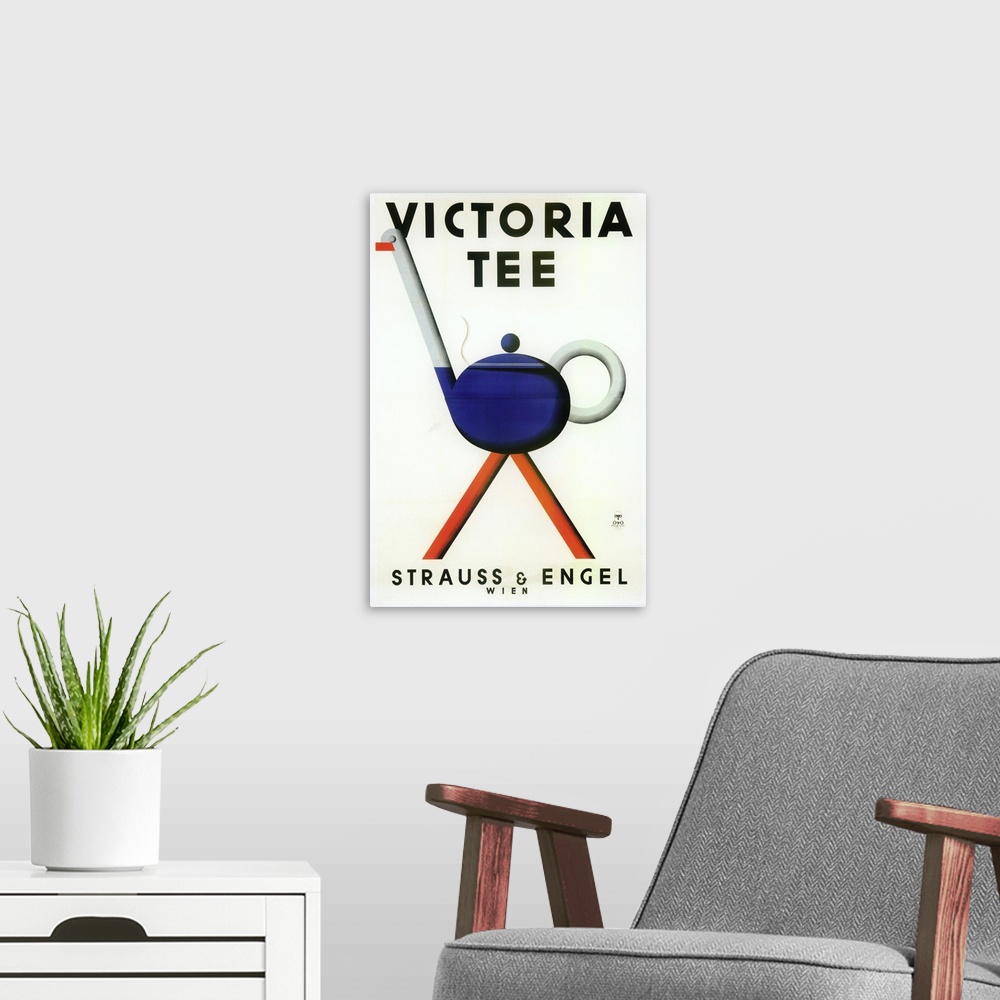 A modern room featuring Vintage poster advertisement for Victoria Tea.