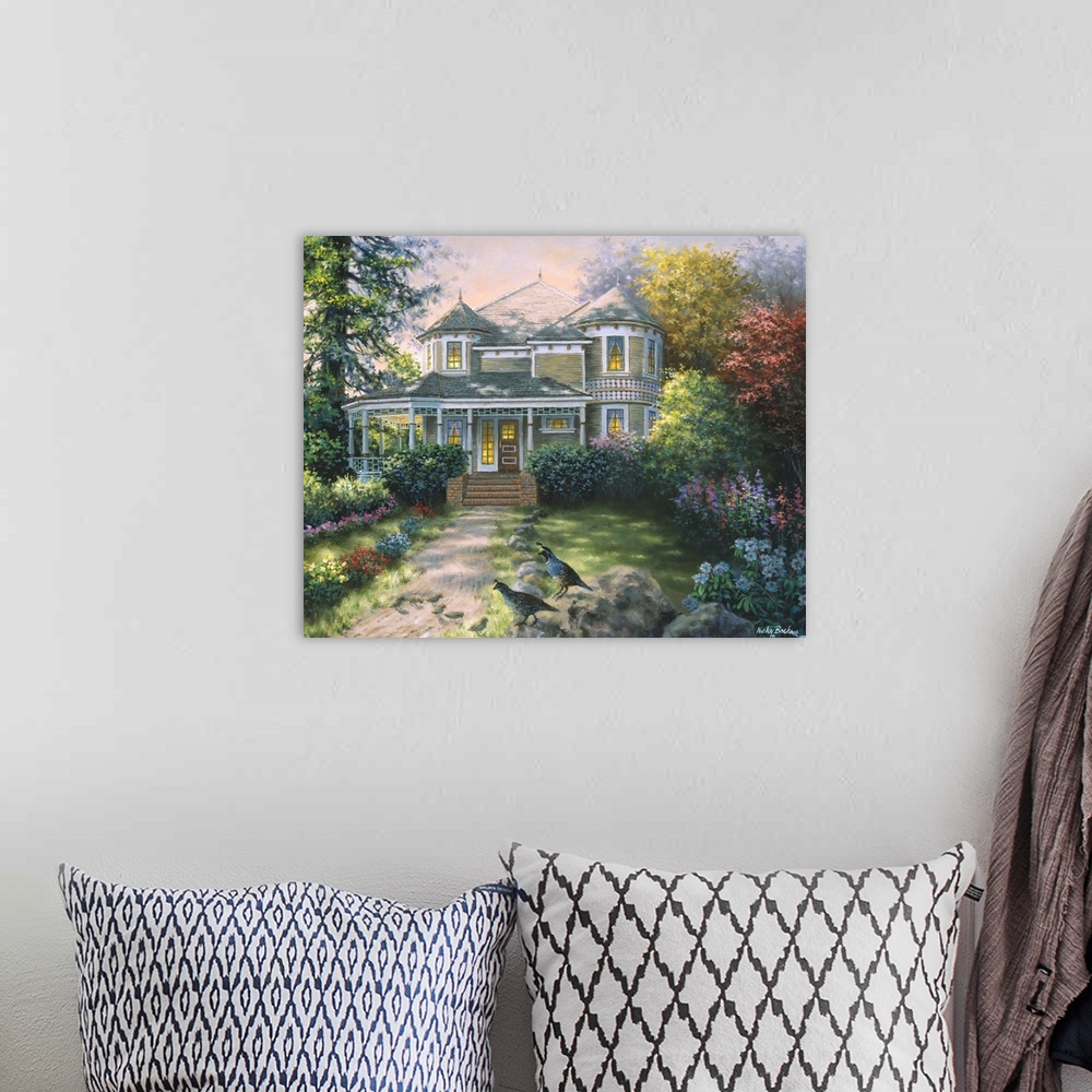 A bohemian room featuring Painting of a large Victorian house with glowing windows. Product is a painting reproduction only...