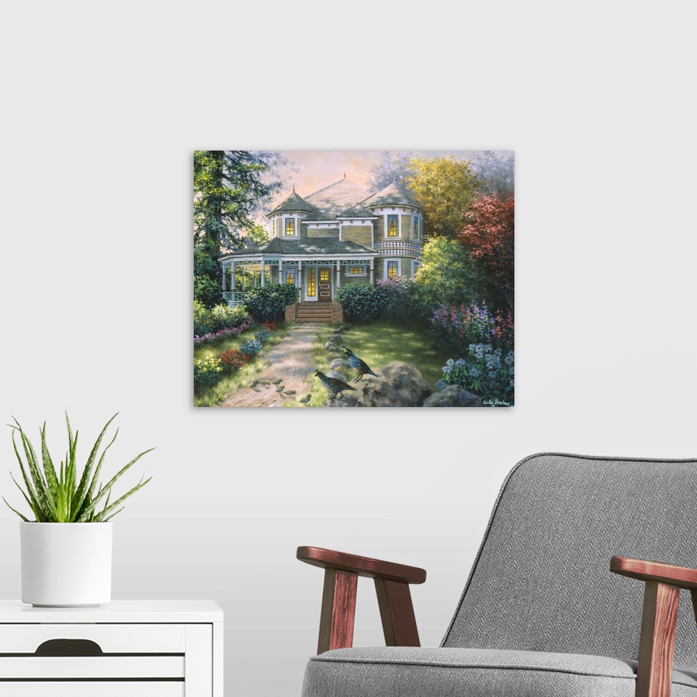 A modern room featuring Painting of a large Victorian house with glowing windows. Product is a painting reproduction only...