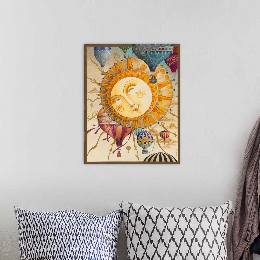 A bohemian room featuring Contemporary artwork of a smiling sun with ornate rays fanned out in all directions, with hoverin...