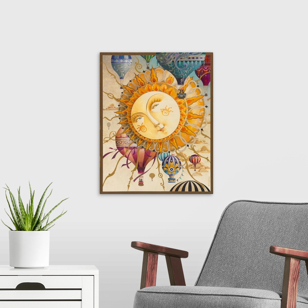 A modern room featuring Contemporary artwork of a smiling sun with ornate rays fanned out in all directions, with hoverin...