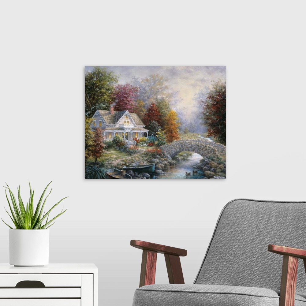 A modern room featuring Painting of house with glowing windows next to a bridge. Product is a painting reproduction only,...