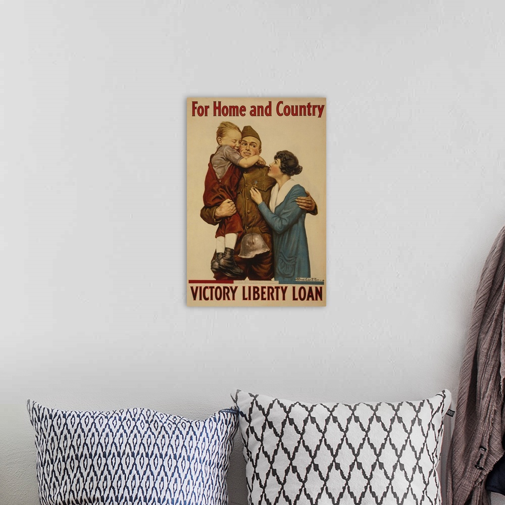 A bohemian room featuring Vintage propaganda artwork for Victory Liberty Loans.