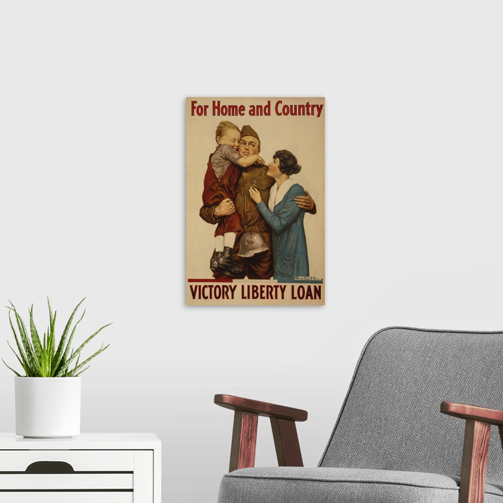 A modern room featuring Vintage propaganda artwork for Victory Liberty Loans.