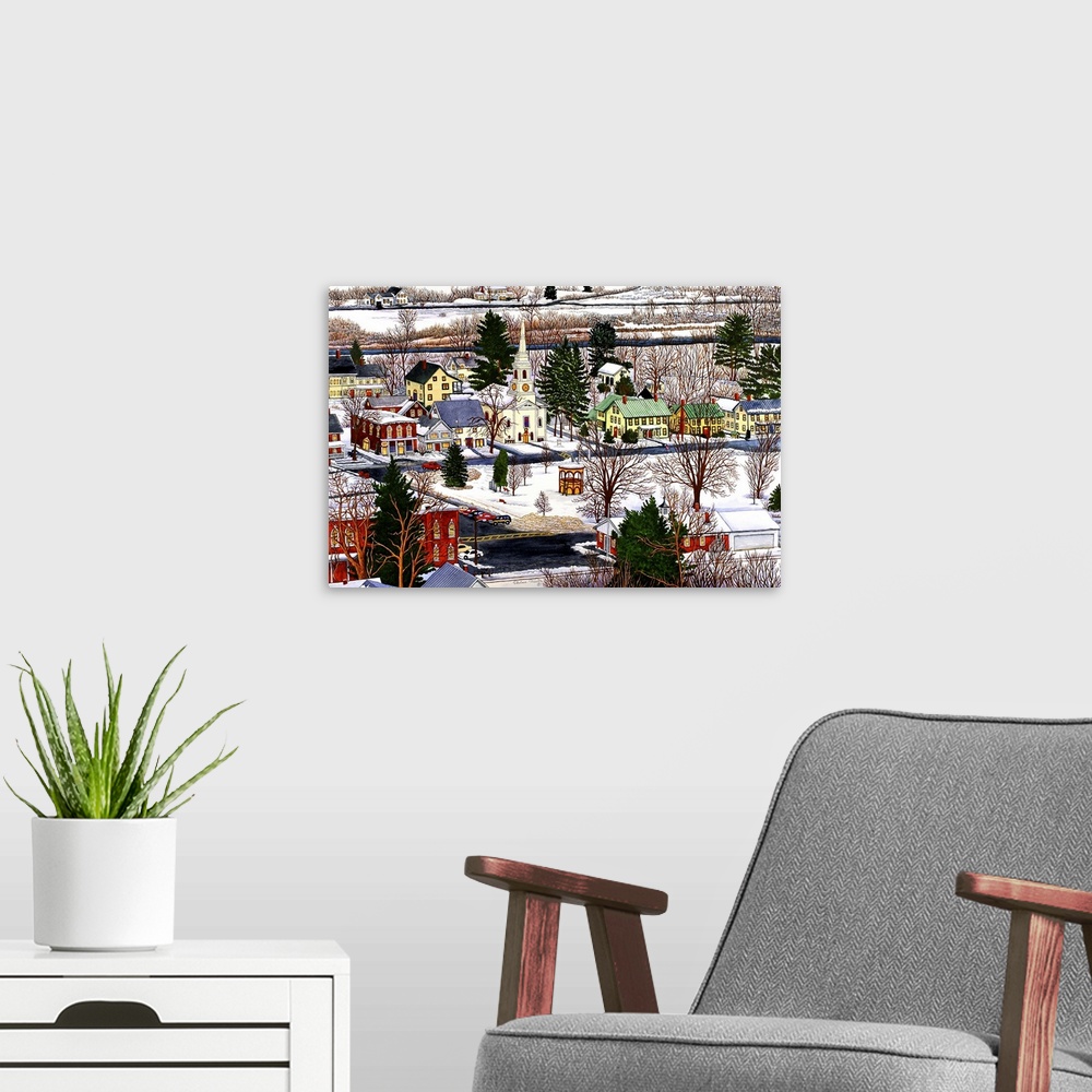 A modern room featuring Contemporary painting of an idyllic town in winter.