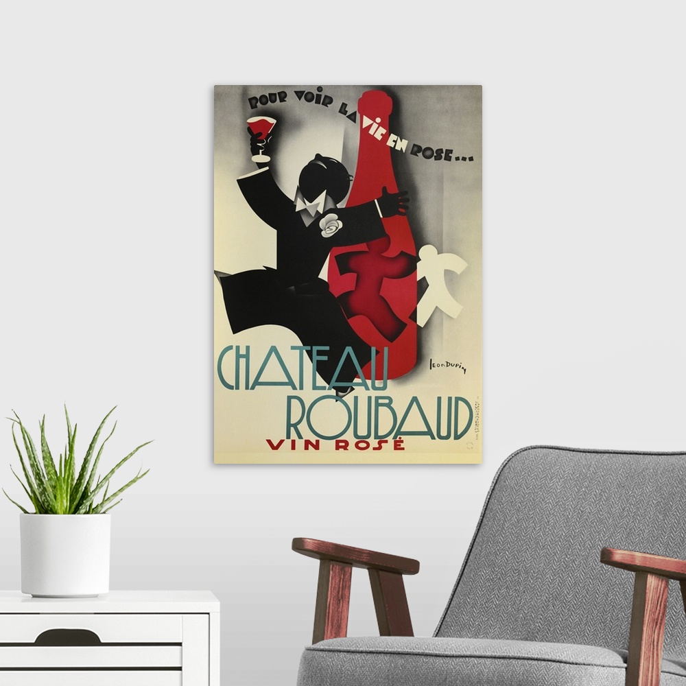 A modern room featuring Vintage advertisement artwork for Chateau Roubaud.